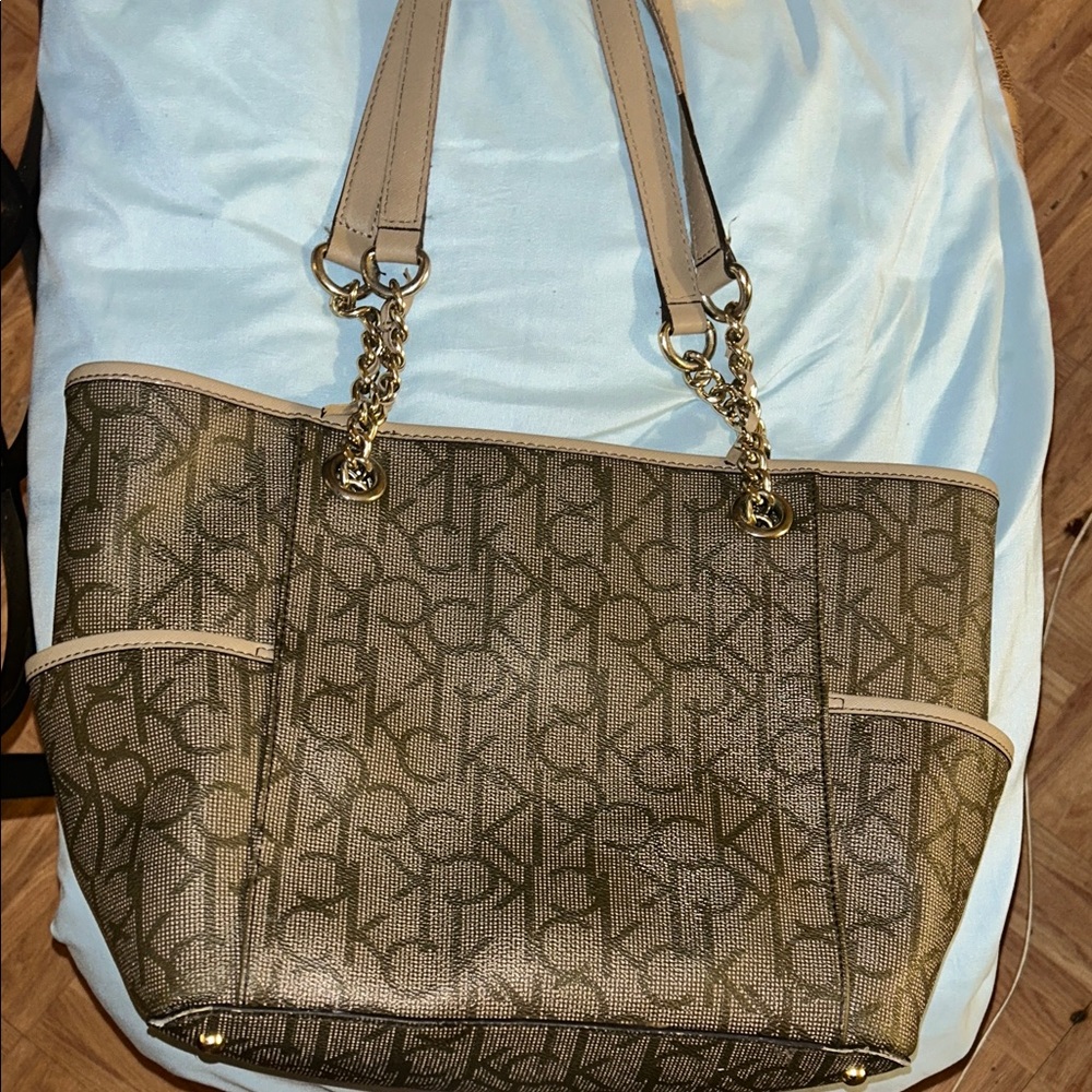 Calvin Klein Beige and Gold Logo Tote